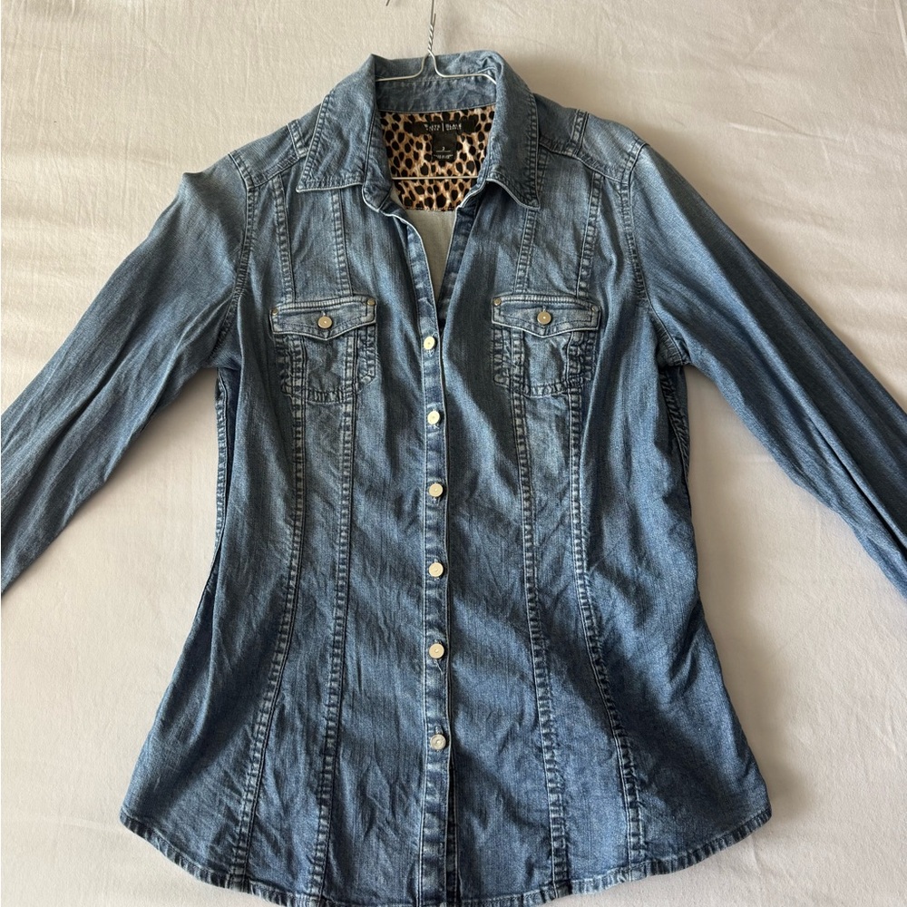 White House Black Market Denim Jacket with Leopard Print